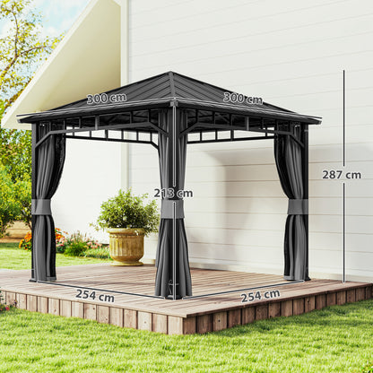 Outsunny 3 x 3(m) Hardtop Gazebo with Galvanised Steel Roof and Water Gutter, Waterproof Permanent Pavilion Garden Gazebo with Netting and Curtains for Patio, Deck