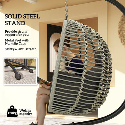 Outsunny Outdoor Swing Chair with Thick Padded Cushion, Patio Hanging Egg Chair with Metal Stand, Foldable Basket, Cup Holder, Rope Structure for Indoor & Outdoor, Dark Grey