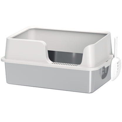 PawHut Stainless Steel Litter Box with Detachable Rim, Scoop, Easy Cleaning, Odour-Resistant, 60 x 40 x 28 cm