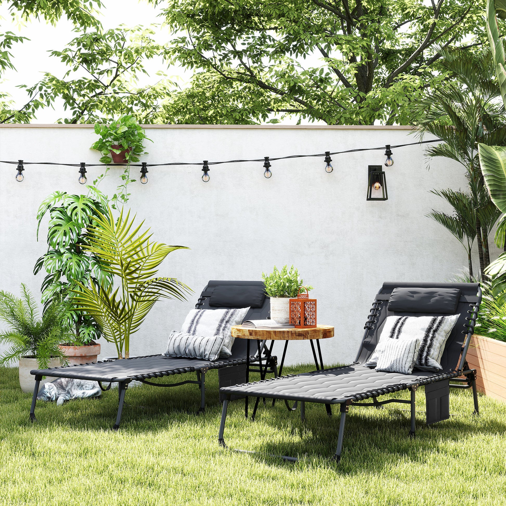 Outsunny Set of Two Sun Loungers, with Five-Position Reclining Backs - Black