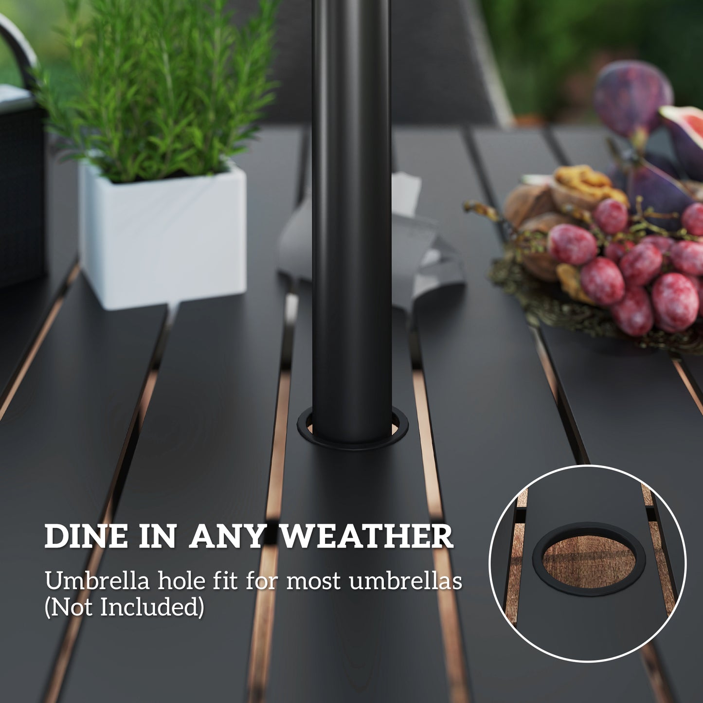 Outsunny 6 Seater Rattan Dining Set with Cushions, Garden Furniture Set with Armchairs, Rectangle Slatted Table Top, Steel Frame, Parasol Hole, Wicker Outdoor Furniture for Patio, Balcony, Grey