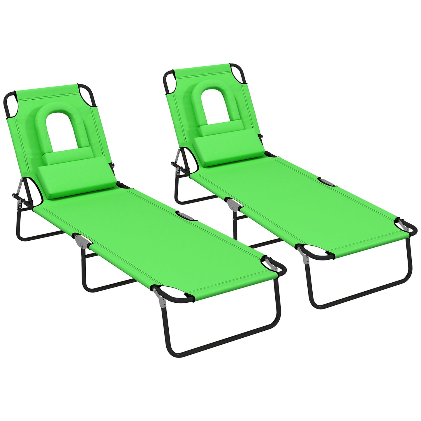Outsunny Outdoor Folding Sun Lounger Set of 2 with Face Hole, 4 Level Adjustable Backrest Reclining Garden Lounger, Garden Recliner Sunbed with 600 D Oxford Cloth Seat and Pillow for Beach, Green