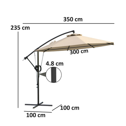 Outsunny 3(m) Garden Cantilever Parasol with Cover and Wind Protection Strap, Round Overhanging Umbrella with Crank Handle and Tilt, Banana Patio Umbrella for Outdoor Sun Shade, UPF50+, Khaki