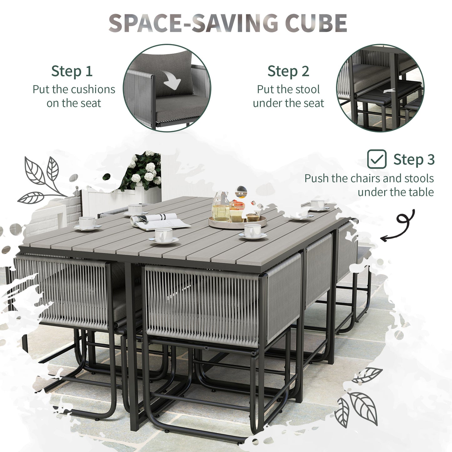 Outsunny 10 Seater Rattan Cube Garden Furniture Set, Rattan Dining Set with Cushions, Outdoor Dining Table and Chairs with 6 Armchairs, 4 Stools, Rectangular Wood Grain Plastic Top Table, Grey