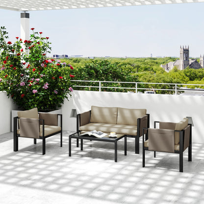 Outsunny 4 Piece Metal Garden Furniture Set with Tempered Glass Coffee Table, Texteline Pocket, Outdoor Set Loveseat Single Armchairs with Padded Cushions, Khaki