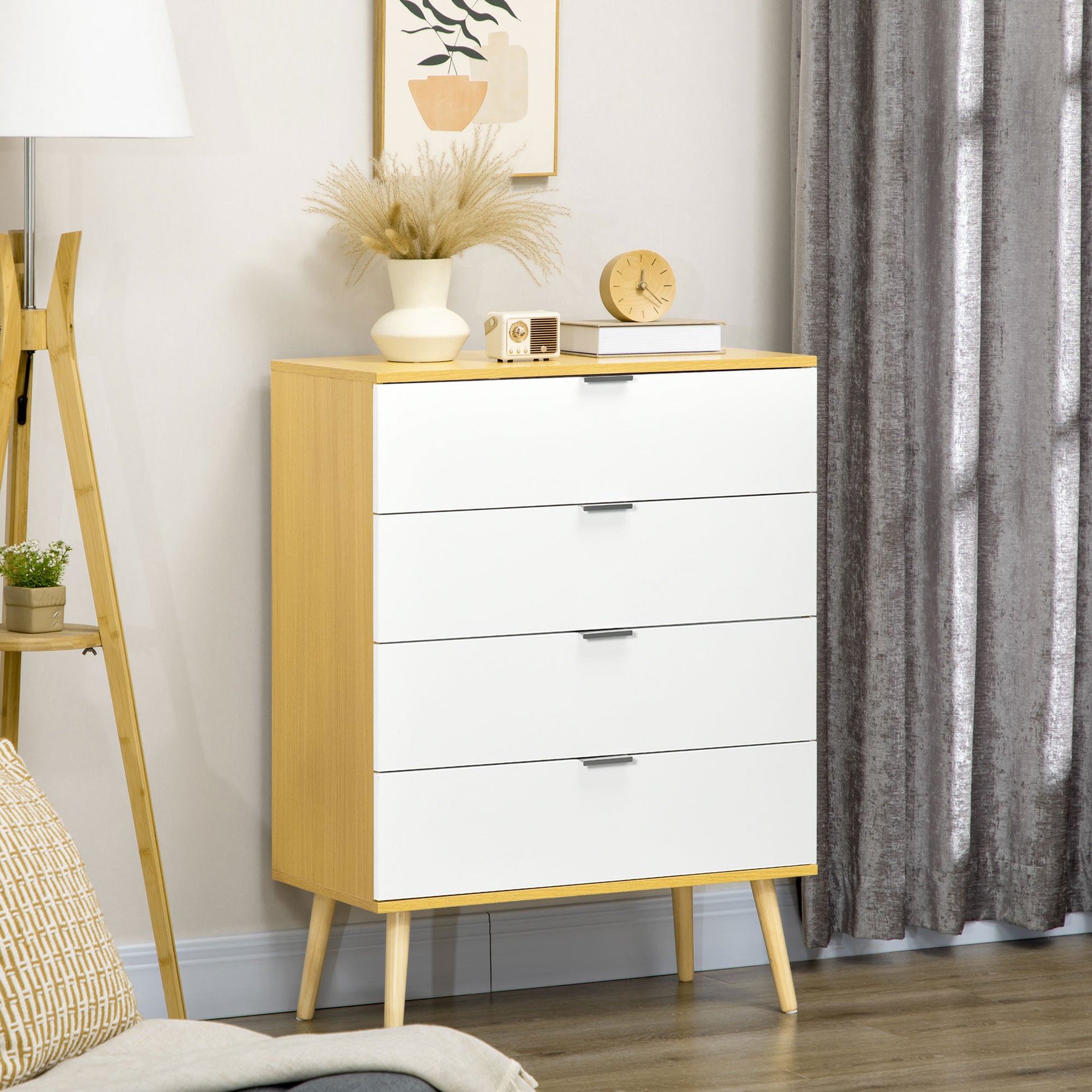 HOMCOM Chest of Drawers, 4-Drawer Storage Organiser Unit with Pine Wood Legs for Bedroom, Living Room, White and Natural