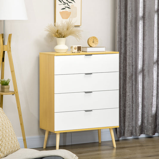 HOMCOM Chest of Drawers, 4-Drawer Storage Organiser Unit with Pine Wood Legs for Bedroom, Living Room, White and Natural
