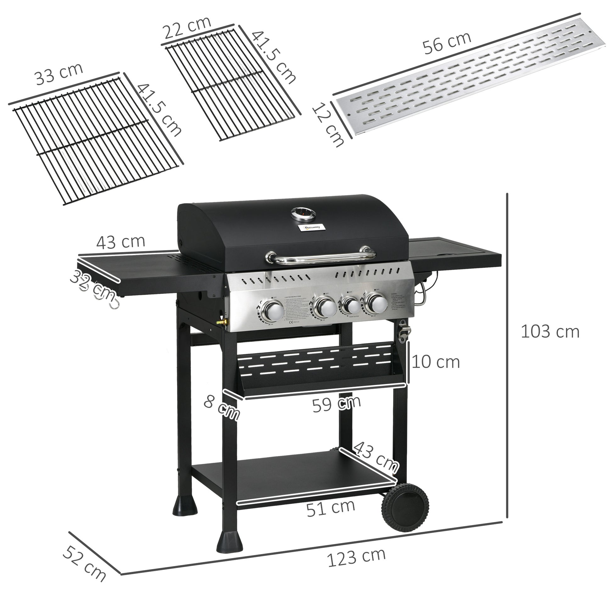 Outsunny Four-Burner Steel Gas Grill, with Thermometer - Black