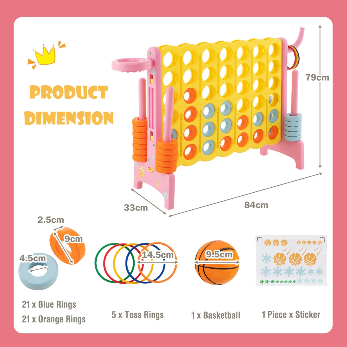 Upgraded 4-to-Score Game Set with Basketball Hoop and Toss Ring for Kids and Adults-Pink