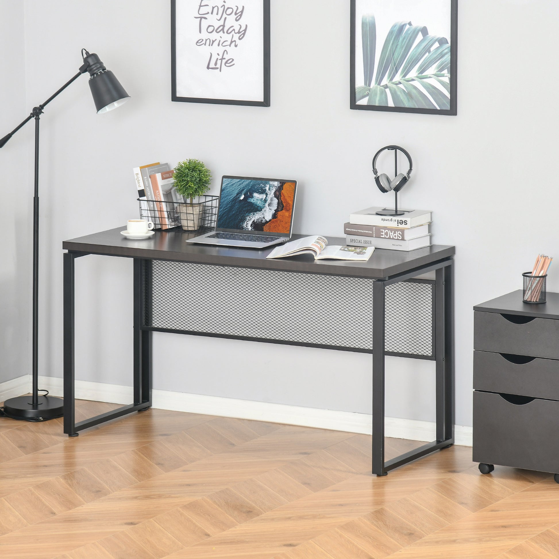 HOMCOM Wooden Computer Desk Study Standing Writing Table Workstation with Metal Frame, Brown