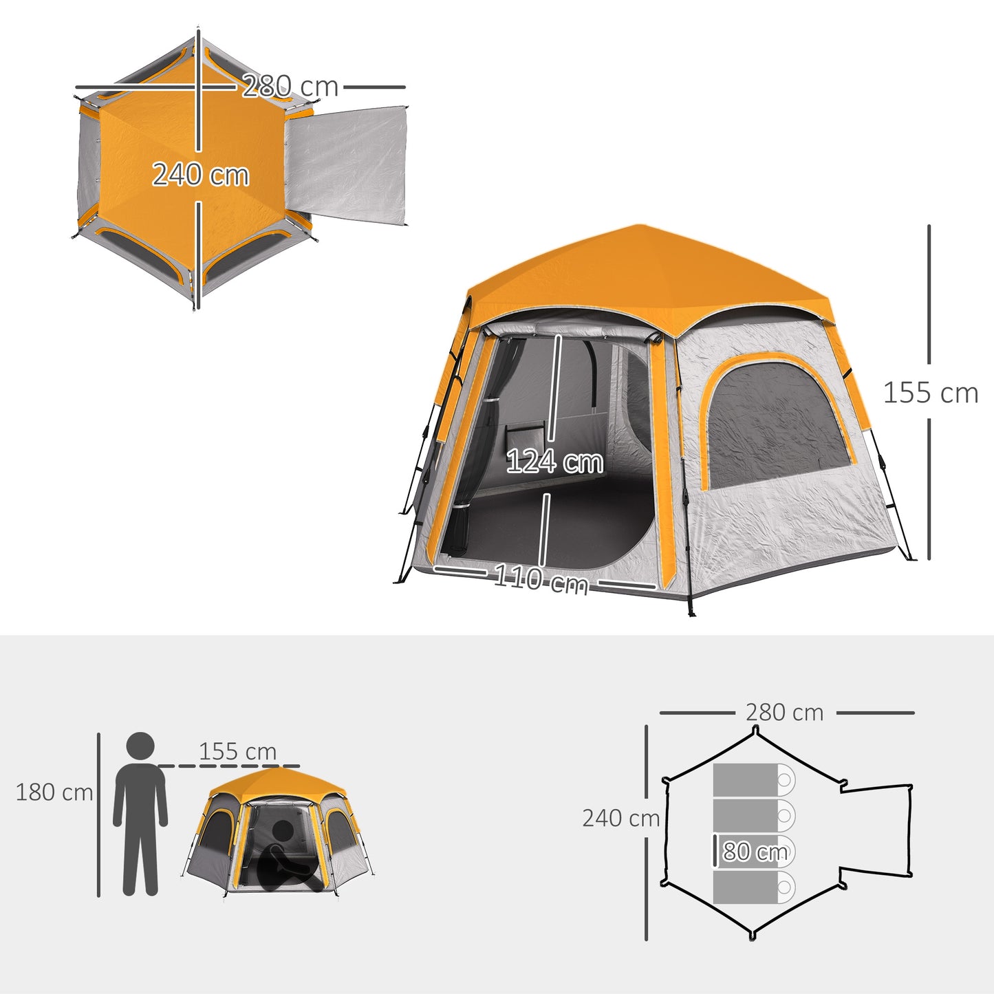 Outsunny Instant Camping Tent, 2/3/4 Person Easy Setup Dome Family Tent with Vestibule, Rainfly, 4 Mesh Windows & 2 Doors, Hexagonal Design, Waterproof & UV Protected, Light Grey
