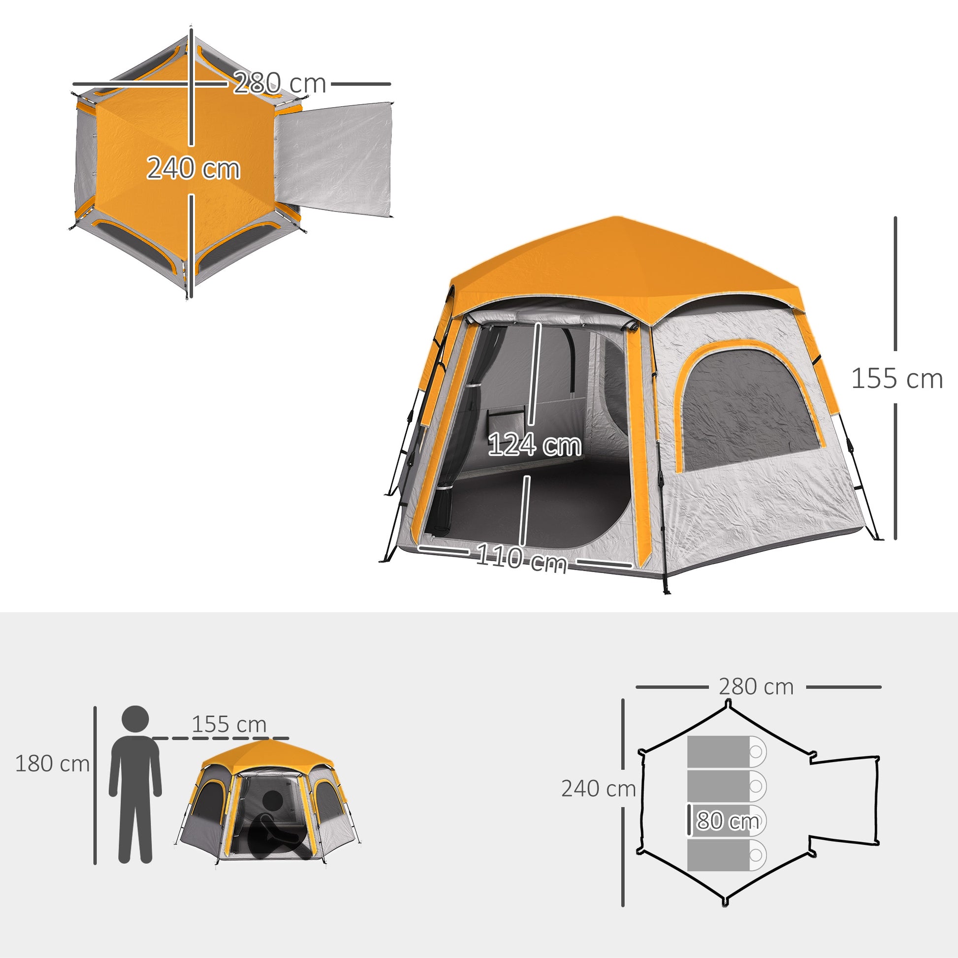 Outsunny Instant Camping Tent, 2/3/4 Person Easy Setup Dome Family Tent with Vestibule, Rainfly, 4 Mesh Windows & 2 Doors, Hexagonal Design, Waterproof & UV Protected, Light Grey