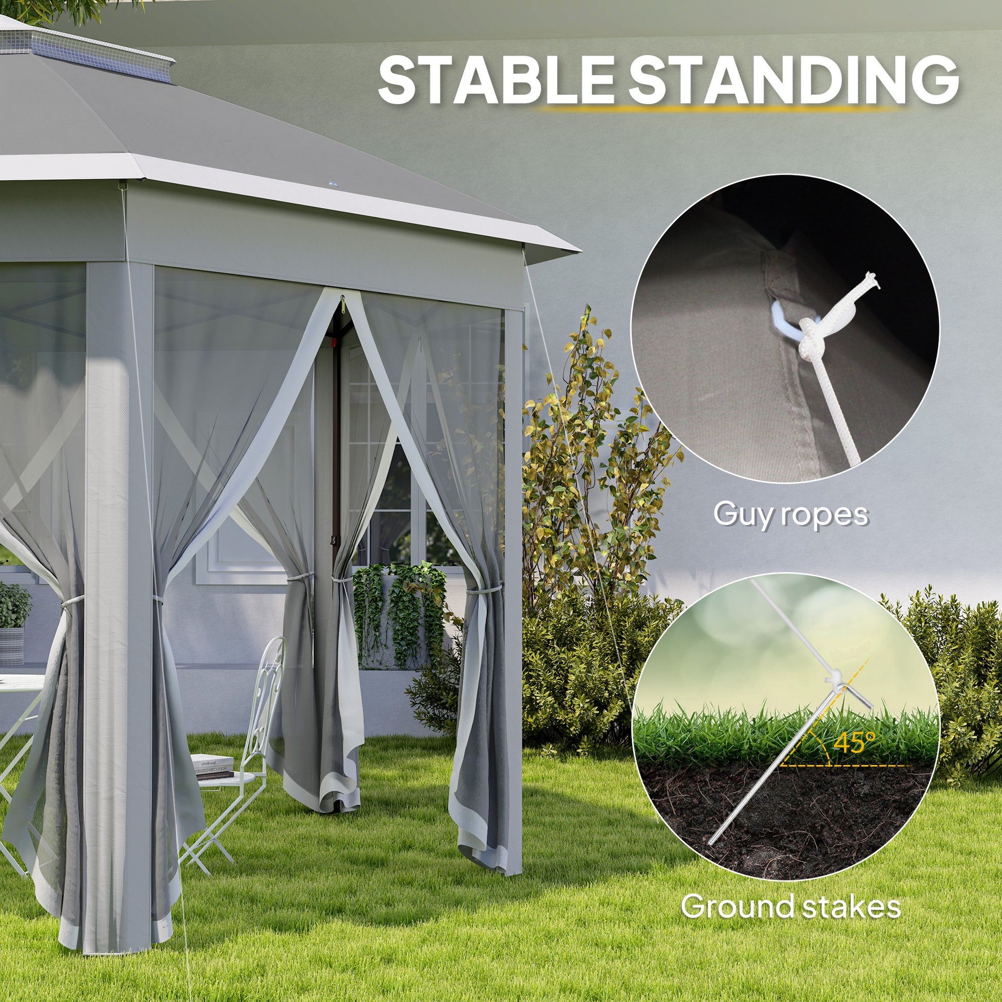 Outsunny 3 x 4m Garden Gazebo Hexagon Pop Up Gazebo Party Tent Canopy Double Roof Instant Shelter with Netting and Carry Bag for Outdoor Patio, Dark Grey