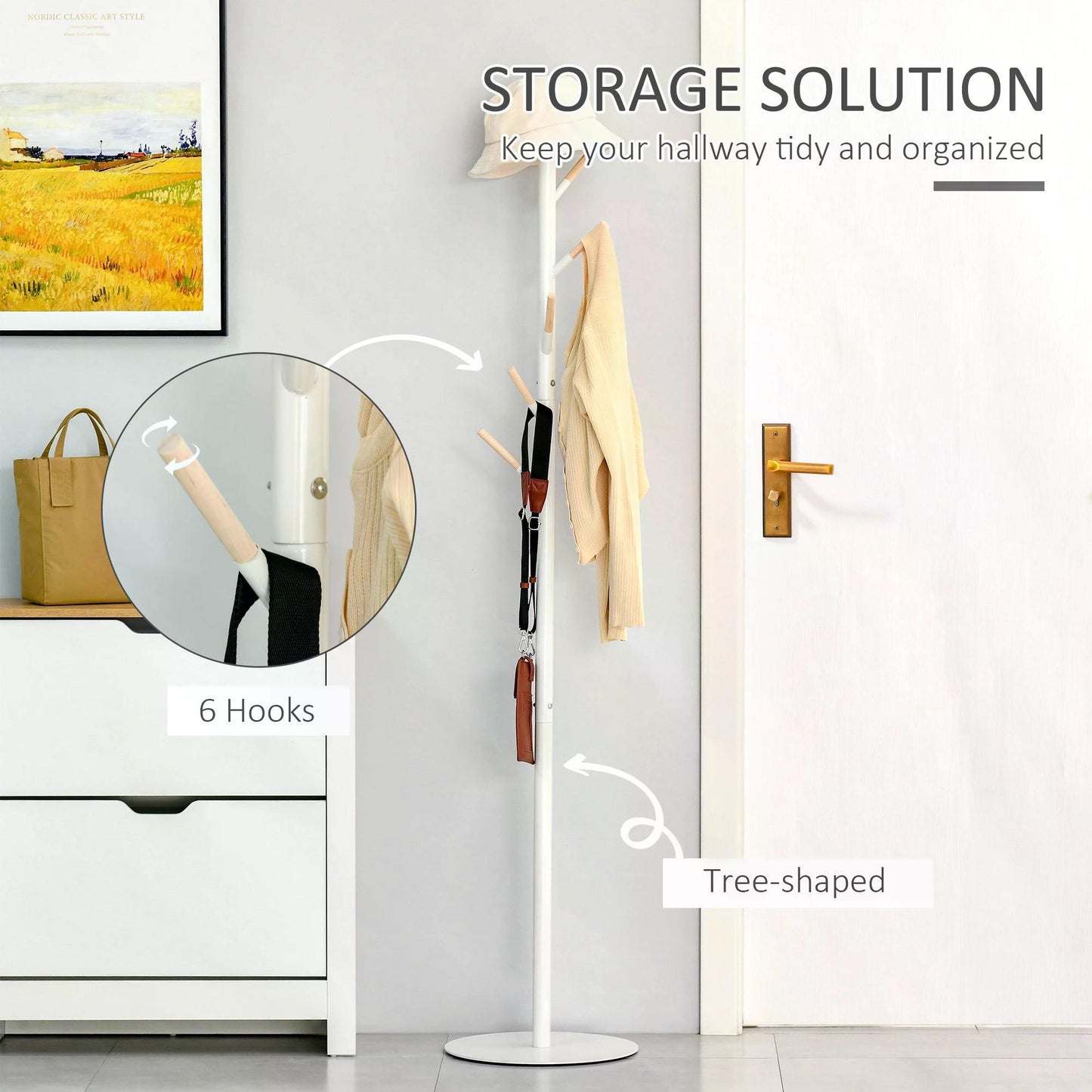 HOMCOM 174cm Free Standing Coat Rack Stand with 6 Hooks Clothes Tree Hat Display Hall Tree Hanger Hanging Organizer White