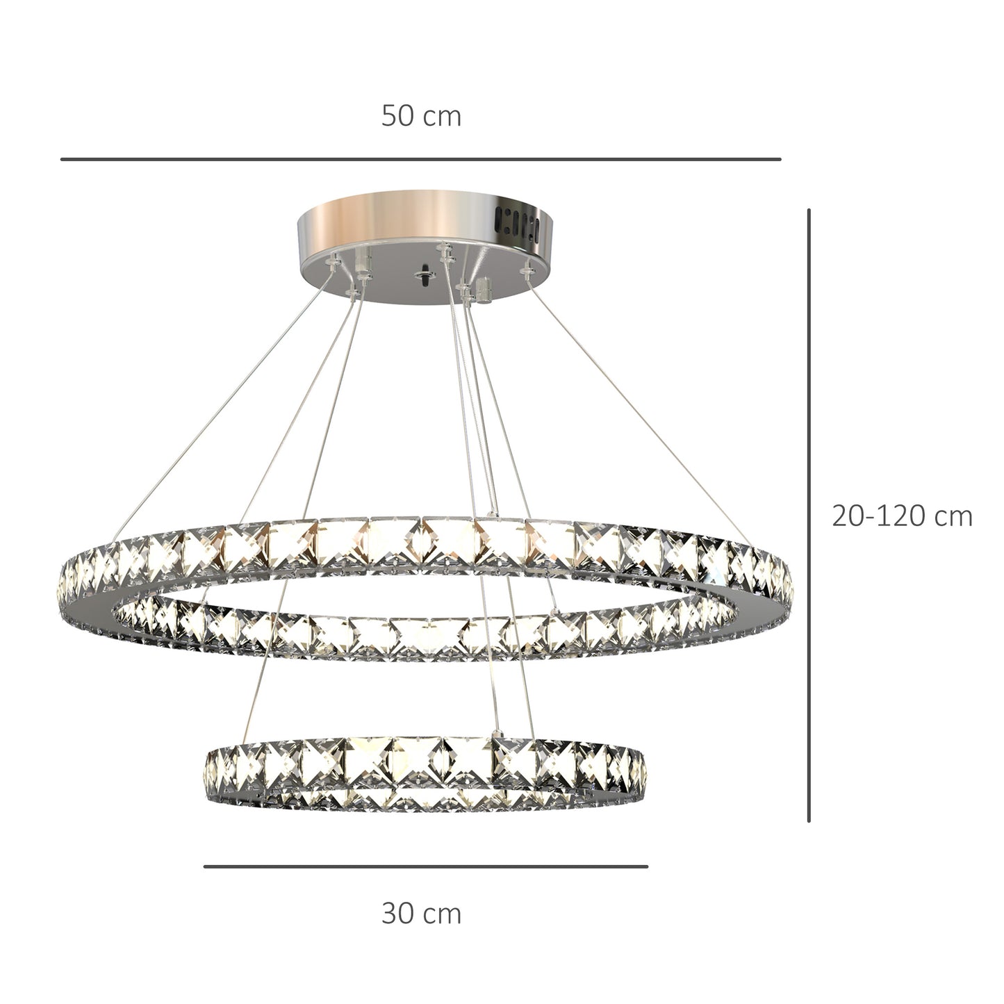 HOMCOM Modern LED Chandelier with 2 Crystal Rings, Dimmable Pendent Ceiling Light Cool Warm White with Adjustable Cable Remote Controller, Silver