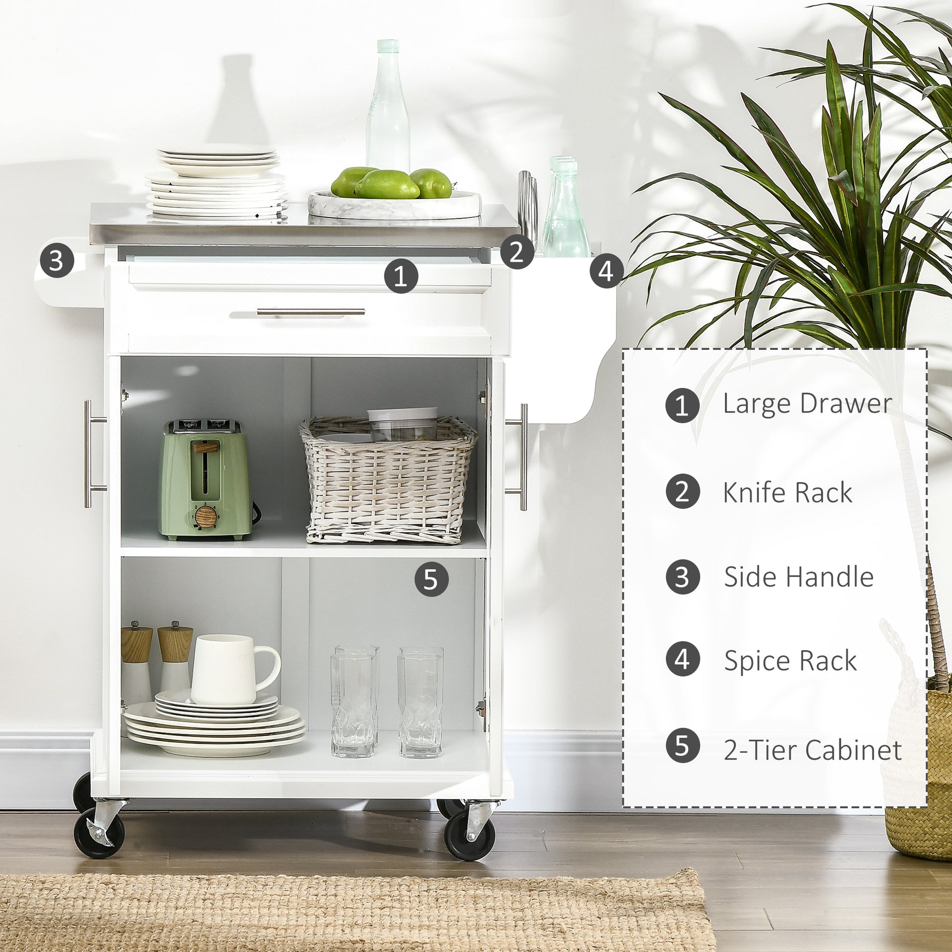 HOMCOM White Wooden Freestanding Kitchen Island on Wheels, Serving Cart Storage Trolley with Stainless Steel Top, Drawer, Side Handle and Rack