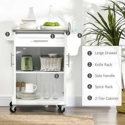HOMCOM White Wooden Freestanding Kitchen Island on Wheels, Serving Cart Storage Trolley with Stainless Steel Top, Drawer, Side Handle and Rack