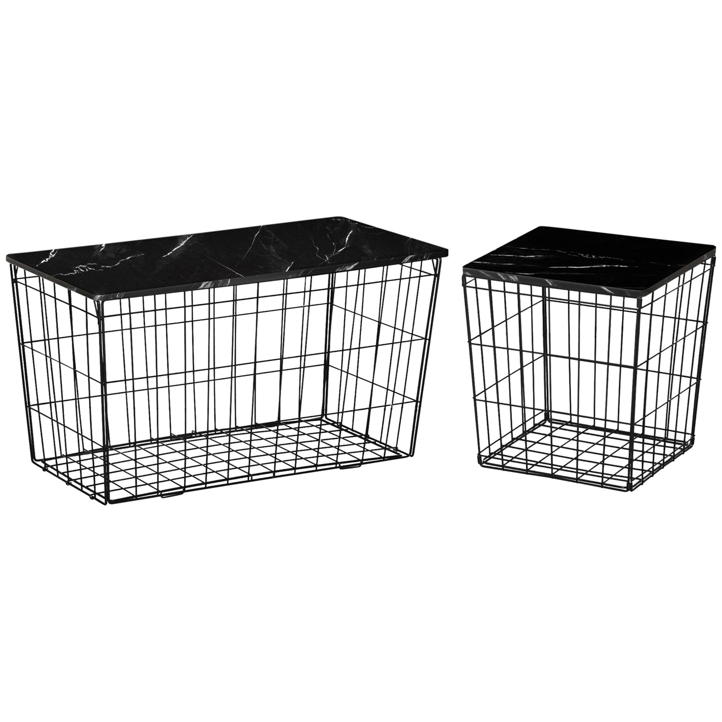 HOMCOM Side Table Set of 2 with Wire Storage Basket, End Tables Coffee Tables with Faux Marble Top for Living Room Bedroom, Black