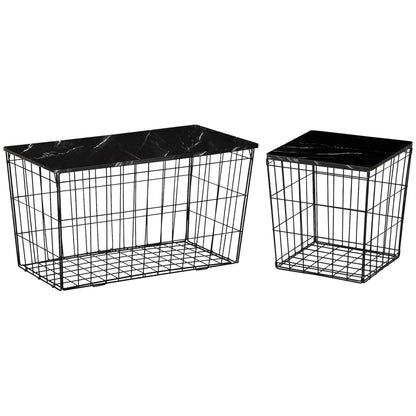 HOMCOM Side Table Set of 2 with Wire Storage Basket, End Tables Coffee Tables with Faux Marble Top for Living Room Bedroom, Black