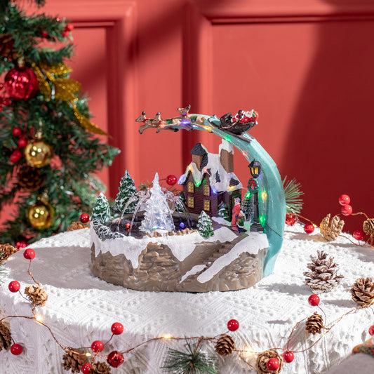 HOMCOM Fountain Christmas Village, Santa and Deer Animated Winter Wonderland Set with Multicoloured LED Light, Plug-In Christmas Decoration