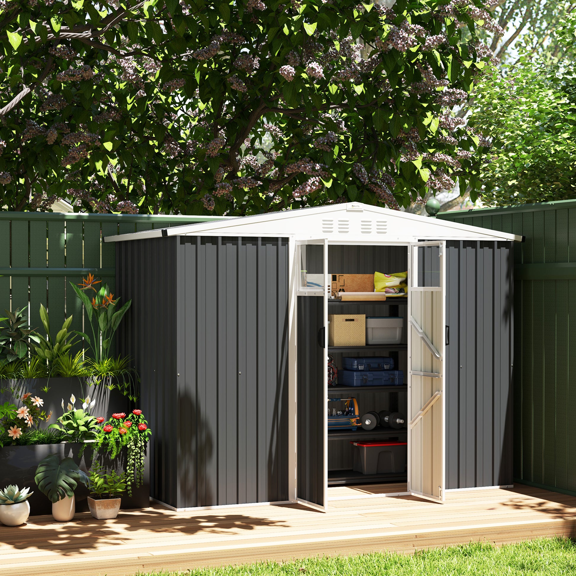 Outsunny 8 x 4 ft Metal Garden Shed, Garden Storage Shed with Window, 4 Vents and Lockable Door, Waterproof Galvanised Steel Tool Storage Shed, Dark Grey