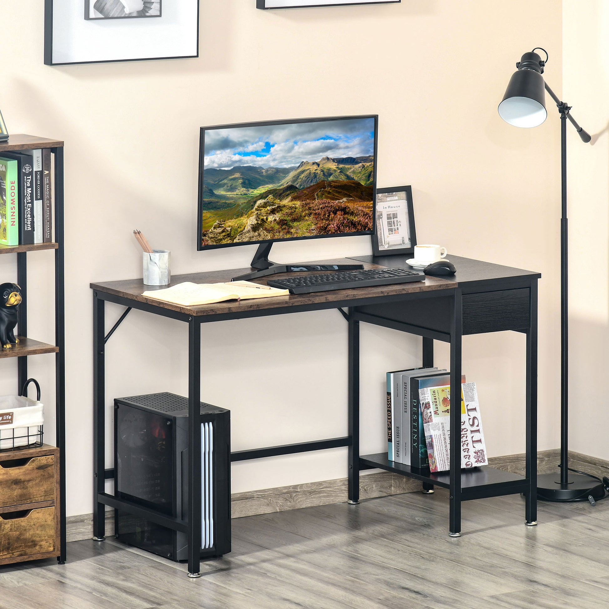 HOMCOM Computer Desk, Home Office Workstation for Study, Writing with CPU Stand and Drawer, Steel Frame, 120x60x75cm