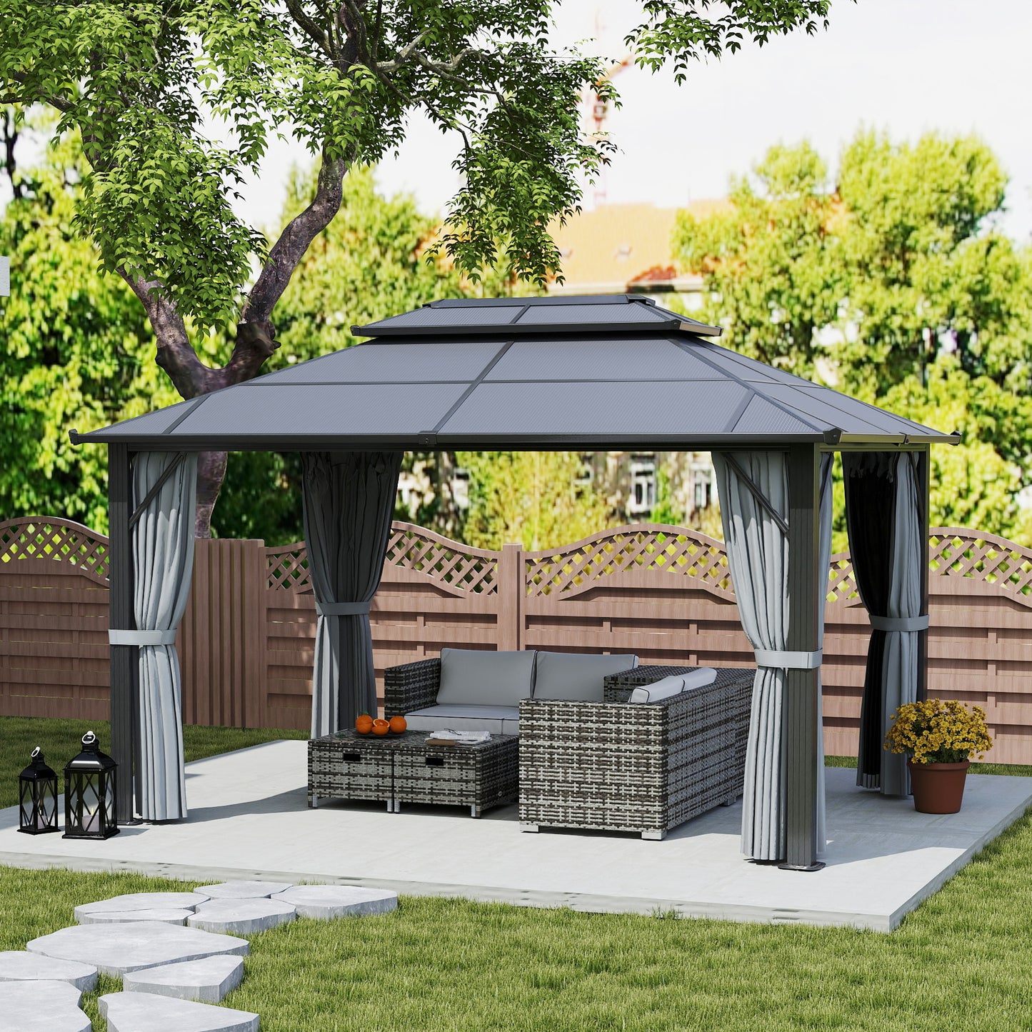 Outsunny 3 x 4m Hardtop Gazebo Canopy with UPF30+ Double Polycarbonate Roof, Aluminium Frame Garden Gazebo Permanent Pavilion with Mosquito Netting and Curtains for Patio, Deck, Grey