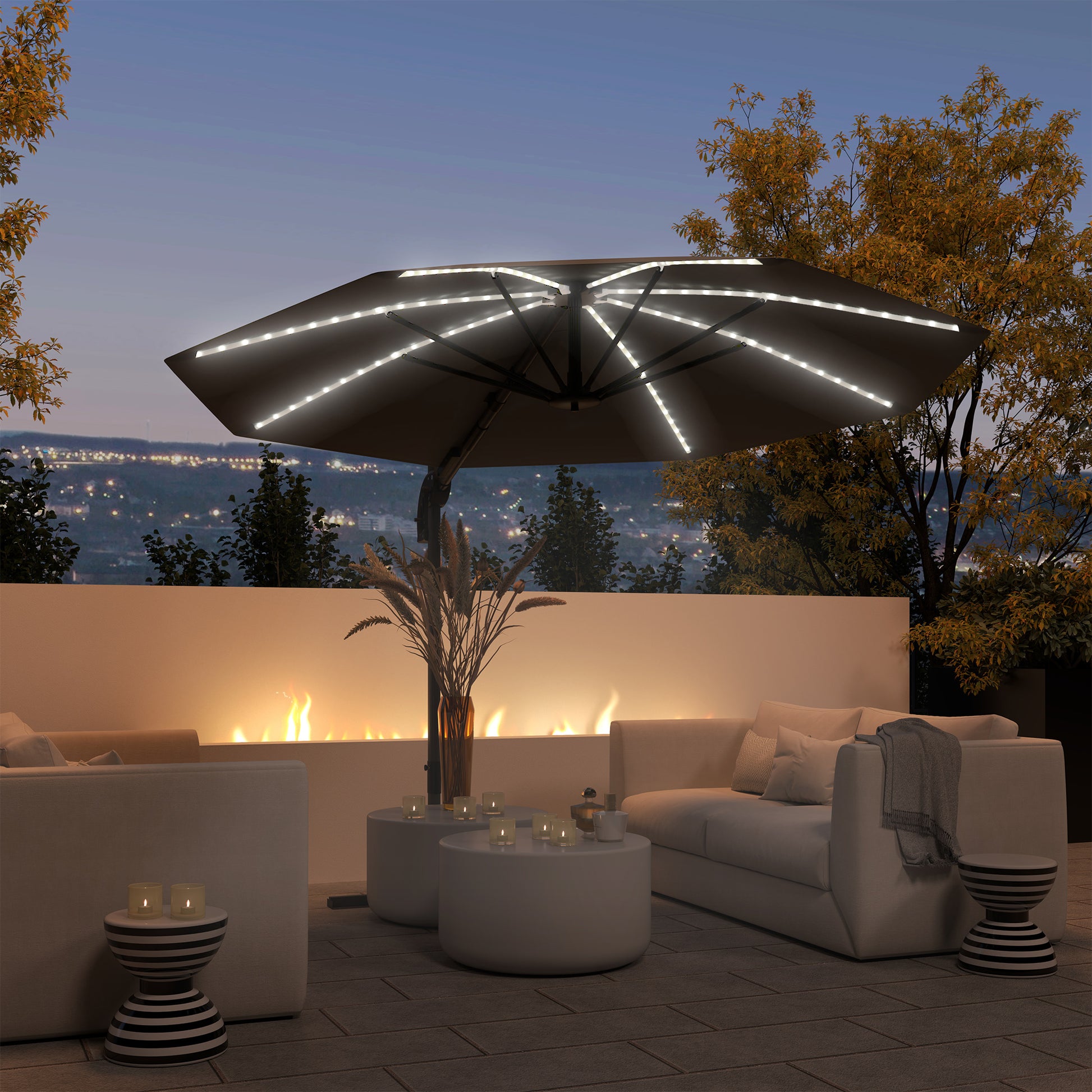 Outsunny 3(m) Cantilever Garden Parasol with Solar Powered Lights, Crank Handle & Cross Base, UPF 50+, 360° Rotation, Dark Grey