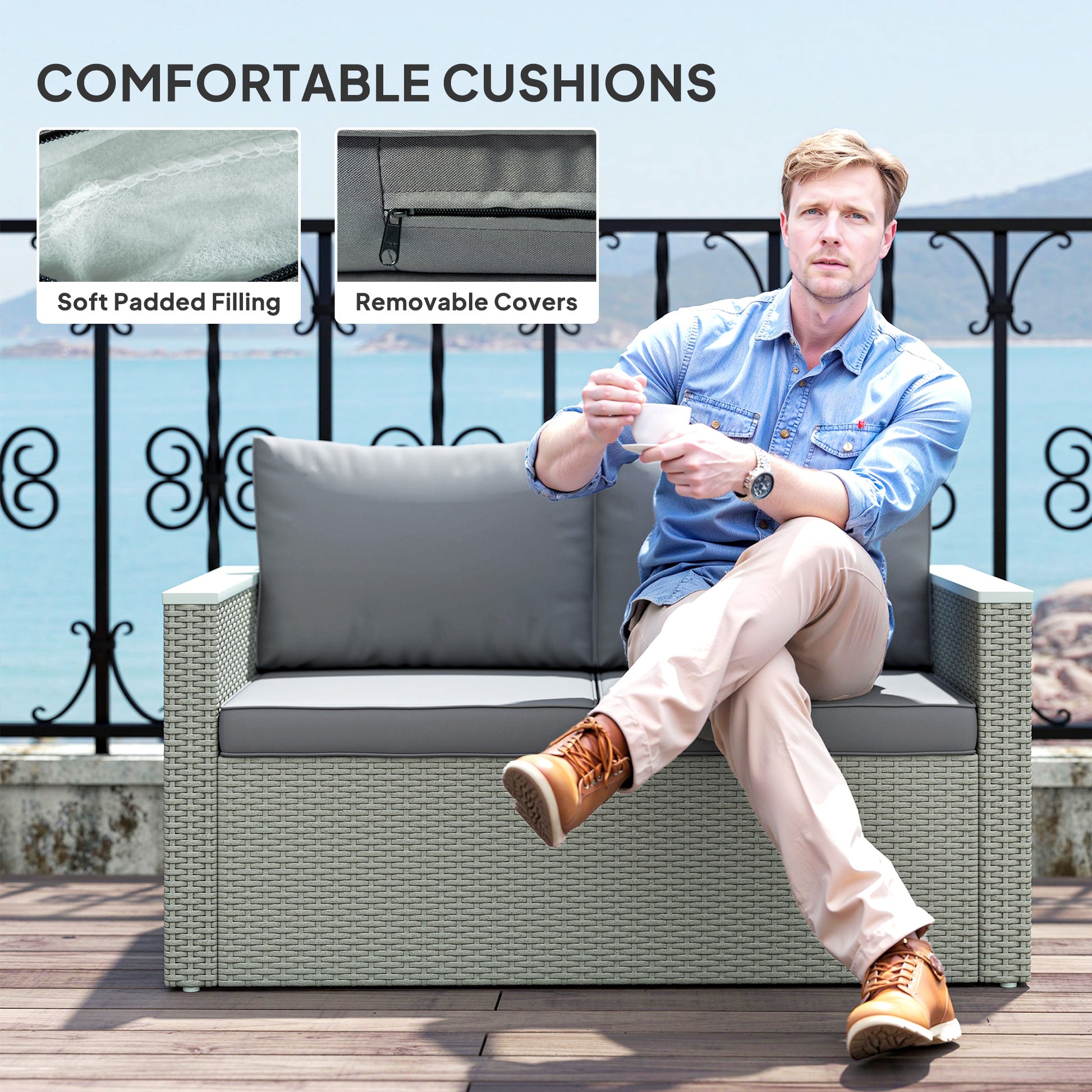 Outsunny 4 Piece Rattan Garden Furniture Set, 4 Seater Wicker Outdoor Sofa Set with 2 Armchairs, Loveseat, Acacia Wood Top Coffee Table, Cushions, Patio Conservatory Set for Balcony, Light Grey