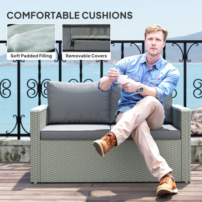 Outsunny 4 Piece Rattan Garden Furniture Set, 4 Seater Wicker Outdoor Sofa Set with 2 Armchairs, Loveseat, Acacia Wood Top Coffee Table, Cushions, Patio Conservatory Set for Balcony, Light Grey