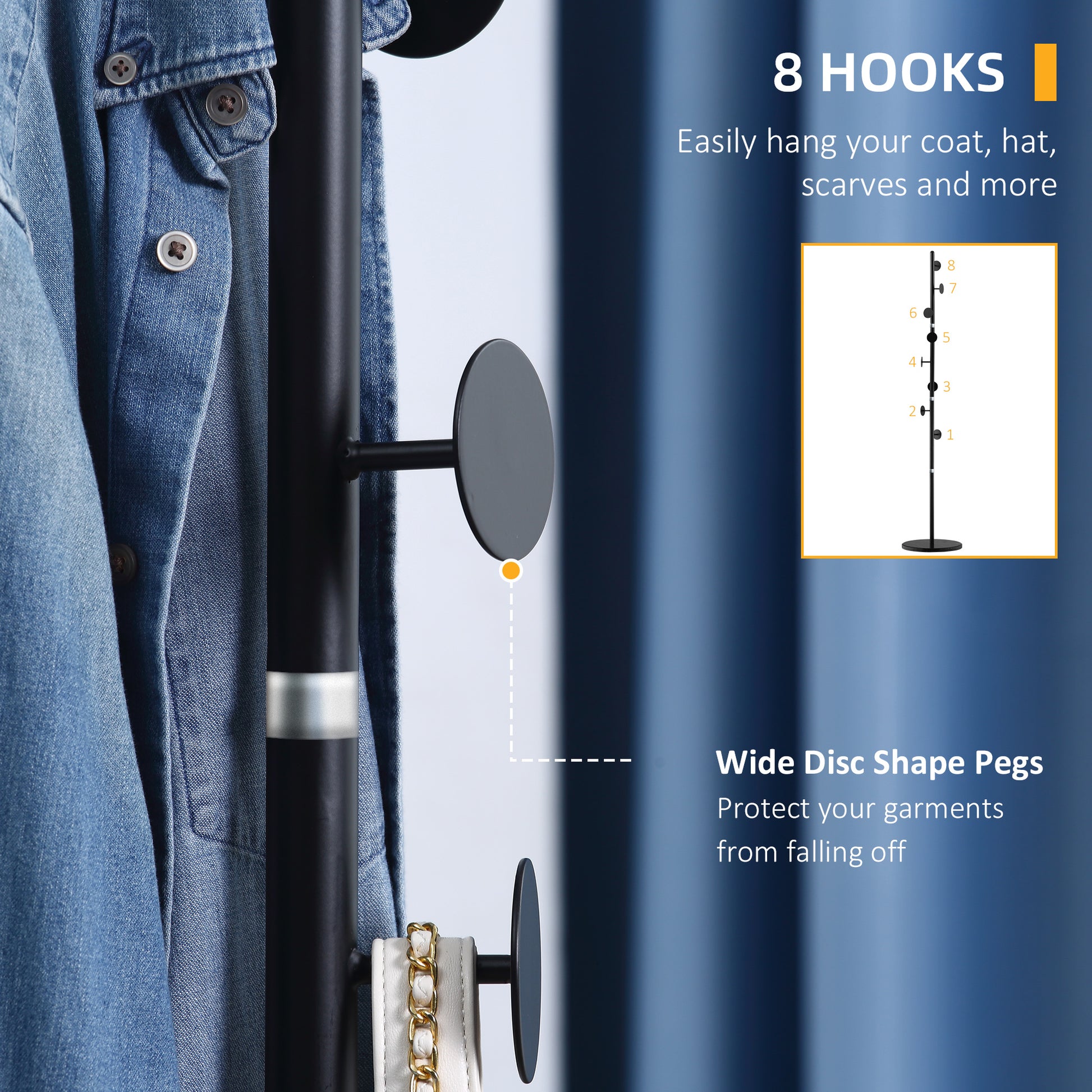 HOMCOM Coat Rack Free Standing Hall Tree with 8 Round Disc Hooks for Clothes, Hats,Purses, Steel Entryway Coat Stand with Marble Base, Black