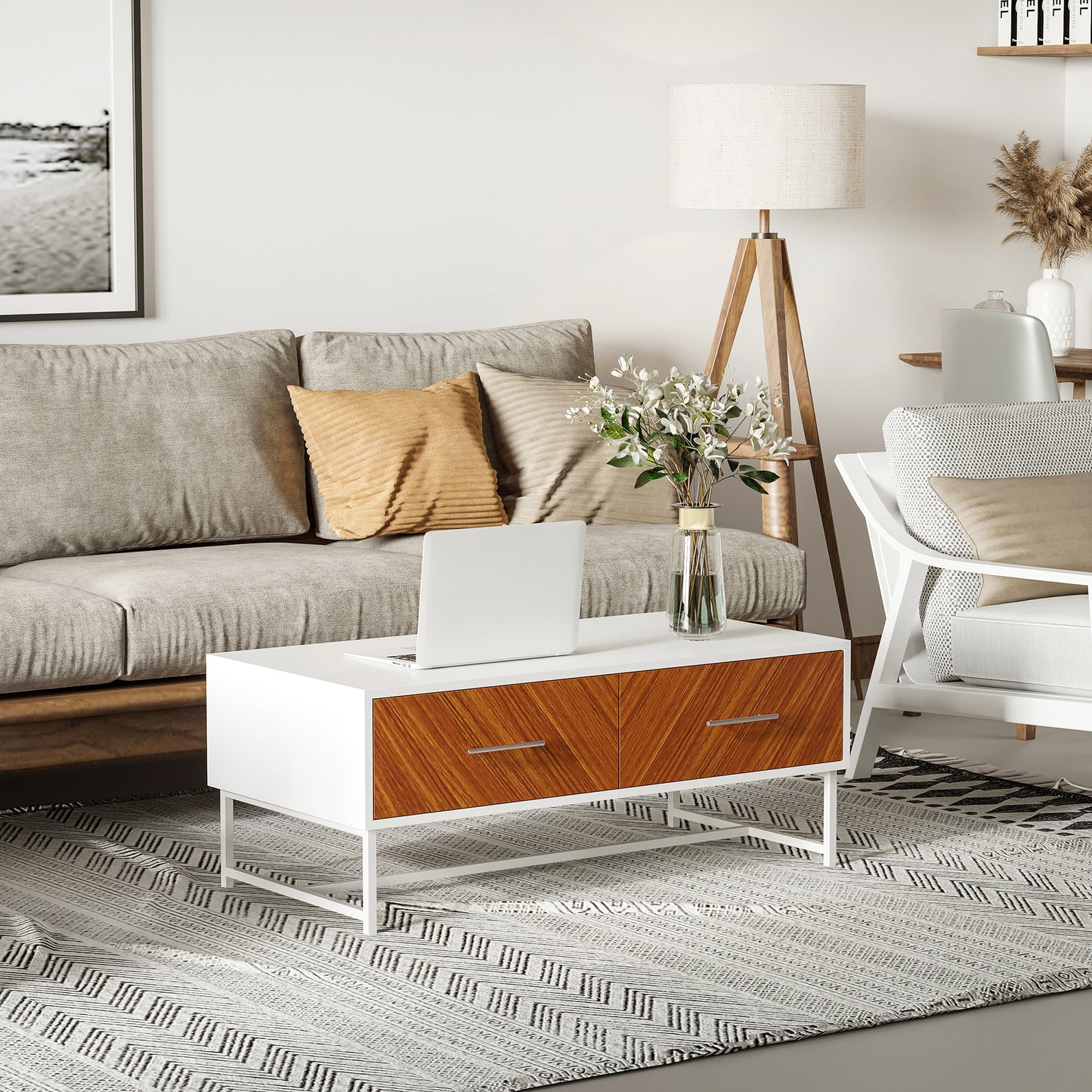 HOMCOM Modern Coffee Table, Rectangular Cocktail Table with Drawers and Open Storage Compartment, Metal Legs for Living Room