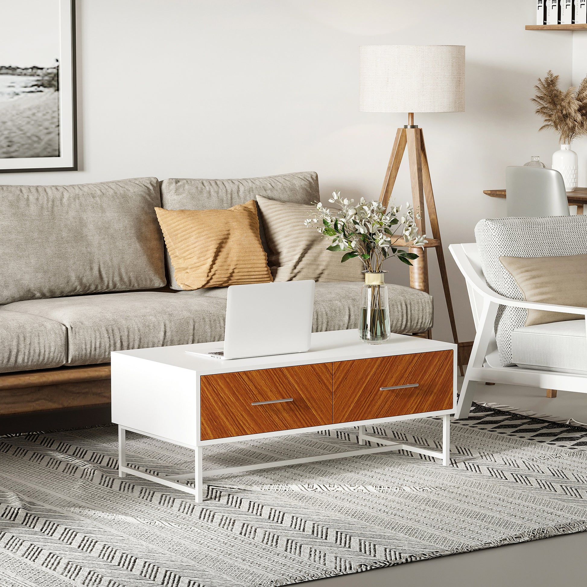 HOMCOM Modern Coffee Table, Rectangular Cocktail Table with Drawers and Open Storage Compartment, Metal Legs for Living Room