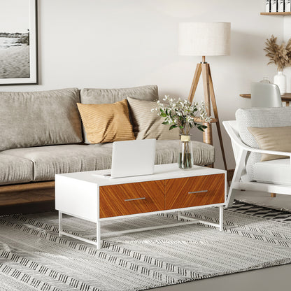 HOMCOM Modern Coffee Table, Rectangular Cocktail Table with Drawers and Open Storage Compartment, Metal Legs for Living Room