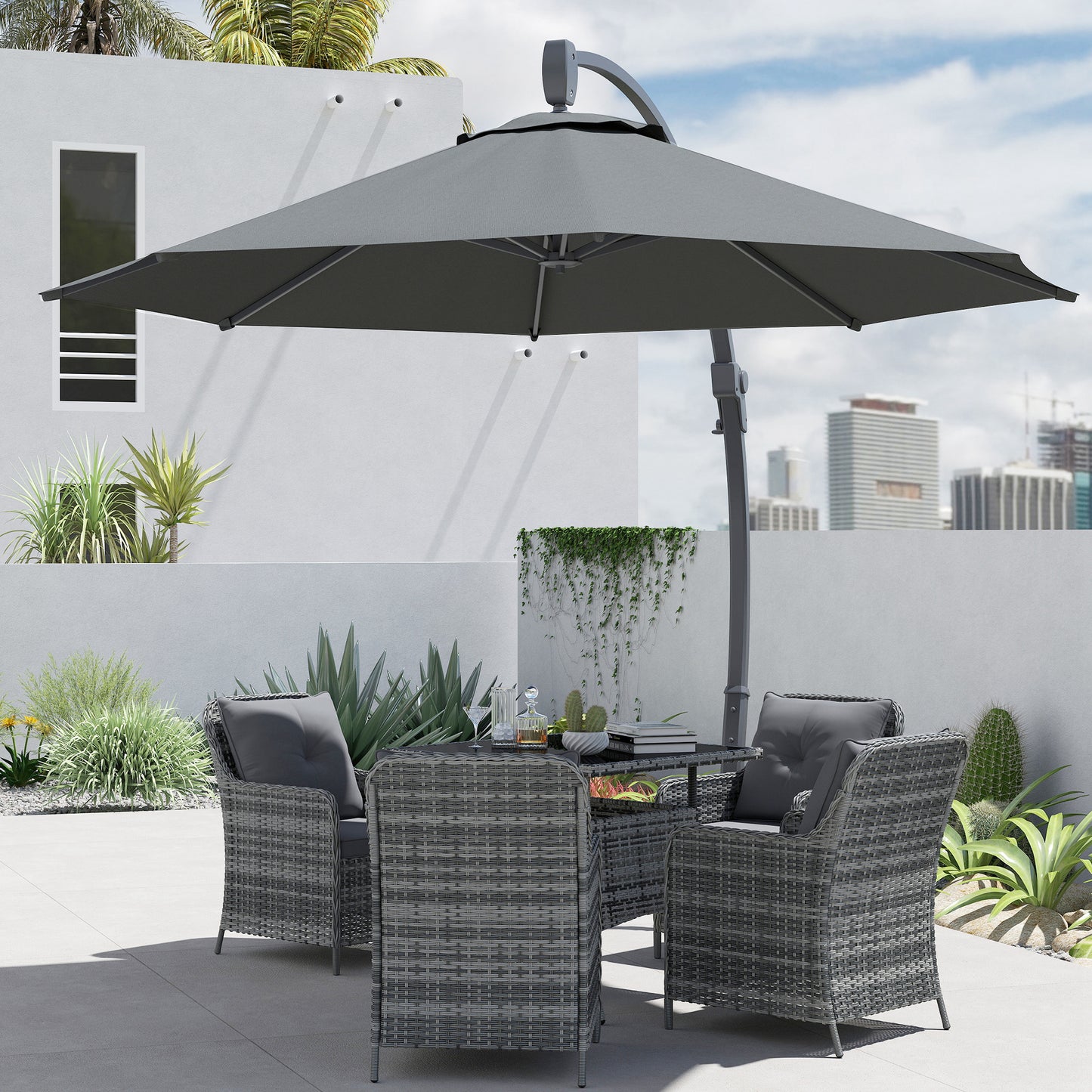 Outsunny 3(m) Garden Cantilever Parasol, Round Overhanging Umbrella with Crank Handle, Cross Base, Aluminium Frame and 360° Rotation, Banana Patio Umbrella for Outdoor Sun Shade, Grey