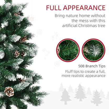 HOMCOM 6 Foot Snow Artificial Christmas Tree with Realistic Branches, Pine Cone, for Indoor Decoration, Green White