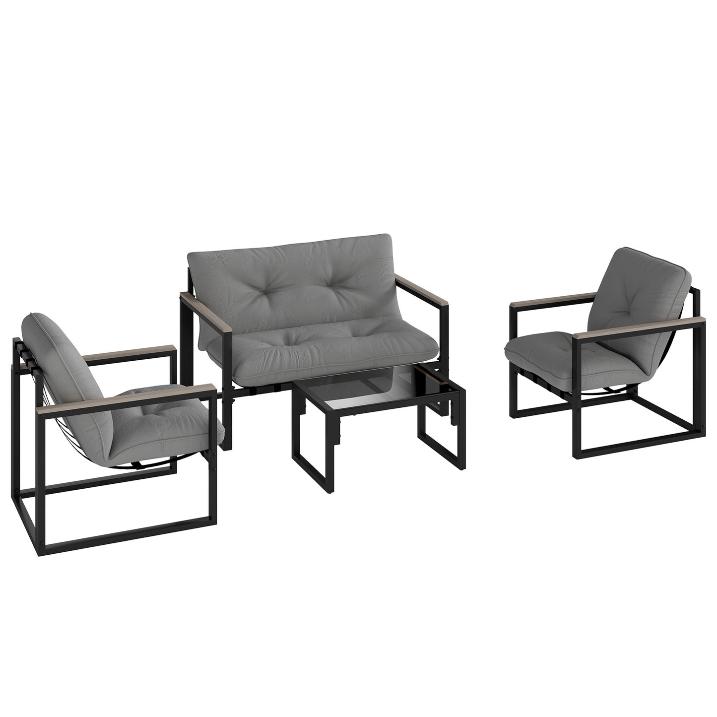 Outsunny Garden Furniture Set, 4 Piece Indoor Outdoor Conservatory with Loveseat Sofa, Armchairs, Glass Top Coffee Table, Cushions for Balcony, Poolside, Patio, Dark Grey
