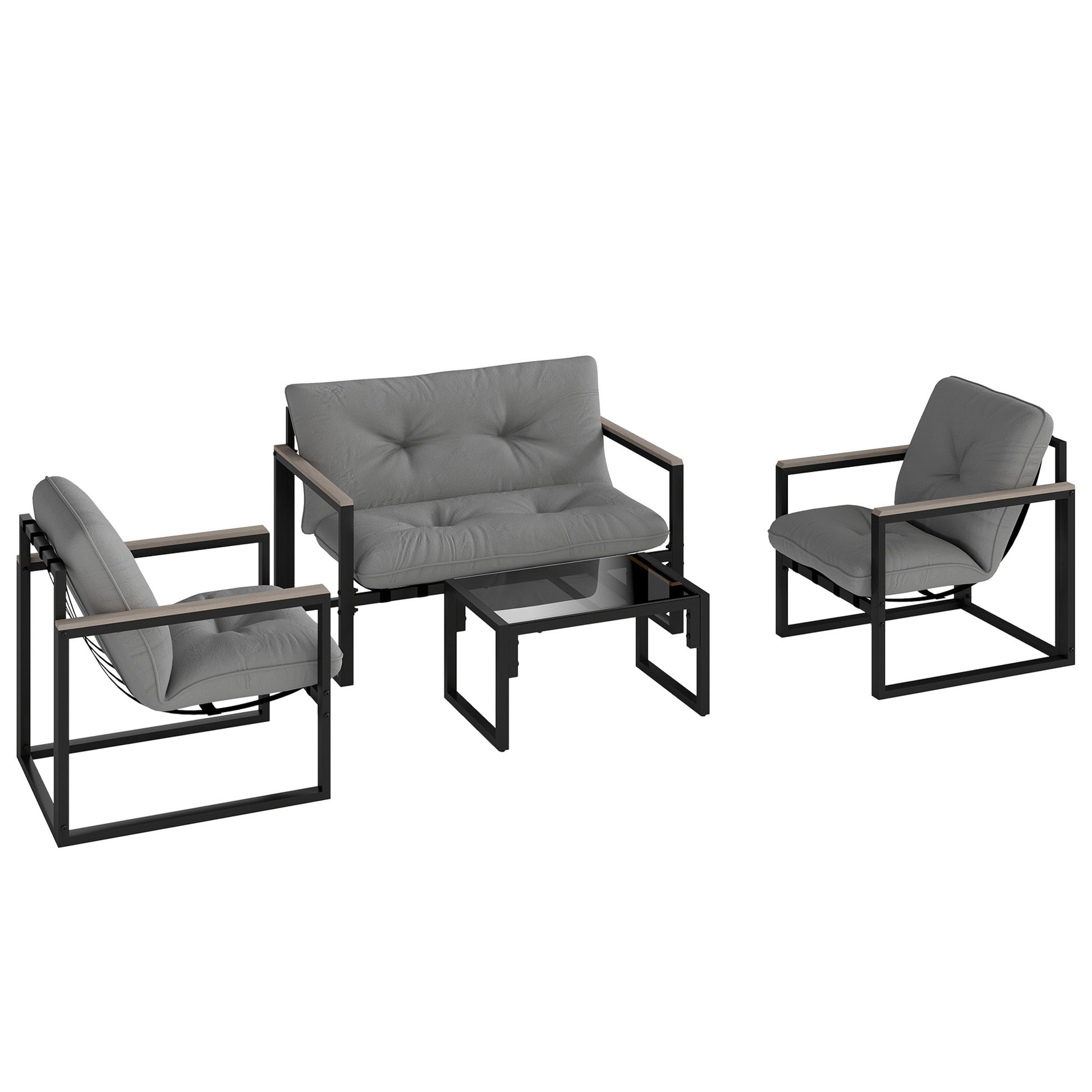 Outsunny Garden Furniture Set, 4 Piece Indoor Outdoor Conservatory with Loveseat Sofa, Armchairs, Glass Top Coffee Table, Cushions for Balcony, Poolside, Patio, Dark Grey