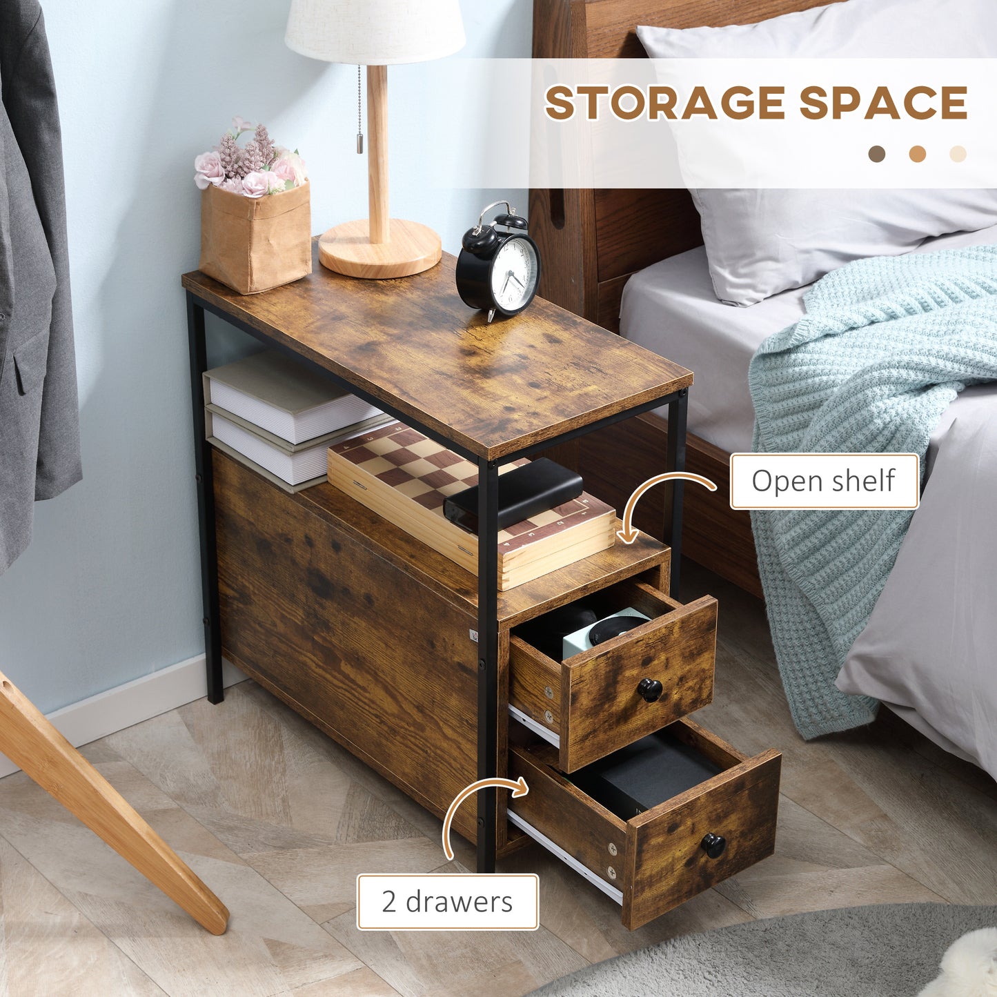 HOMCOM Side Table with 2 Drawers and Storage Shelf, Narrow End Table Bedside Table with Metal Frame for Small Spaces, Rustic Brown