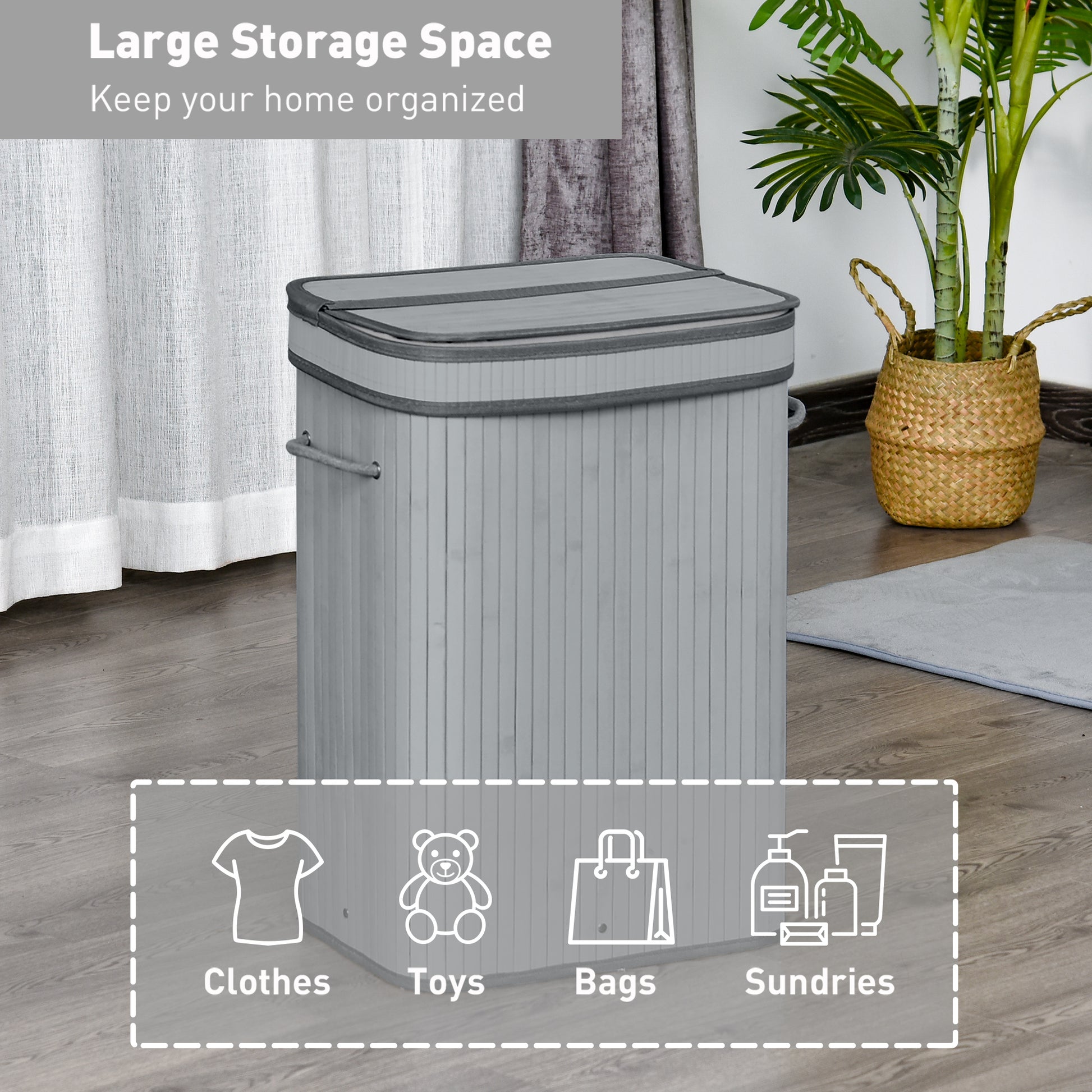 HOMCOM 70L Natural Wood Laundry Basket One Compartment w/Flip Lid Removable Lining Handles Board Base Foldable Water-Resistant Dirty Clothes Storage 