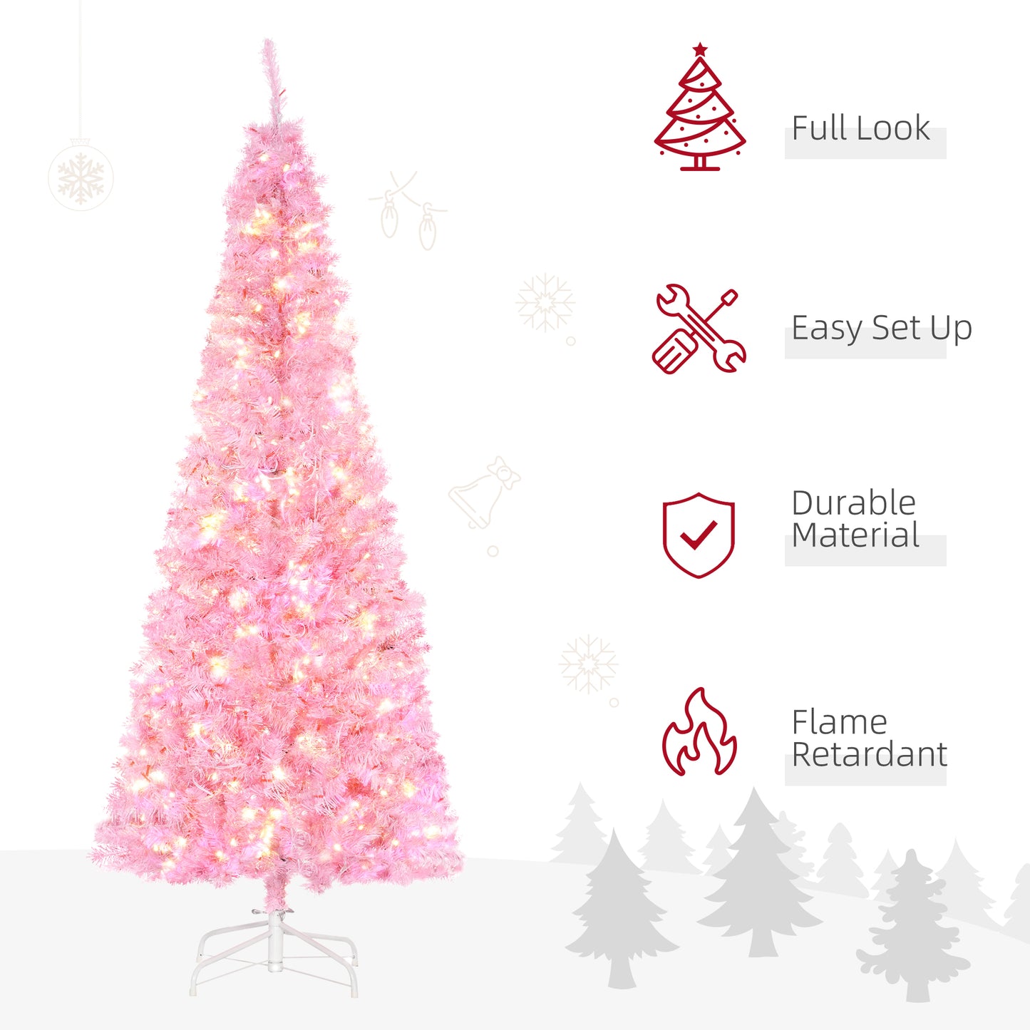 HOMCOM 6' Tall Prelit Pencil Slim Artificial Christmas Tree with Realistic Branches, 300 Warm White LED Lights and 618 Tips, Xmas Decoration, Pink