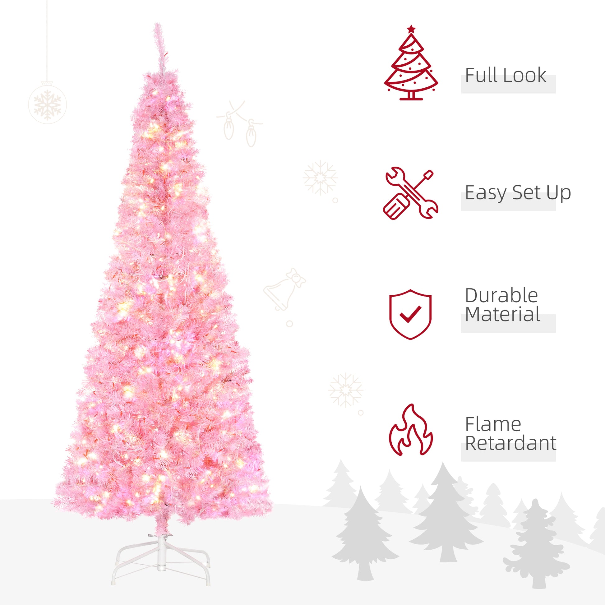 HOMCOM 6' Tall Prelit Pencil Slim Artificial Christmas Tree with Realistic Branches, 300 Warm White LED Lights and 618 Tips, Xmas Decoration, Pink