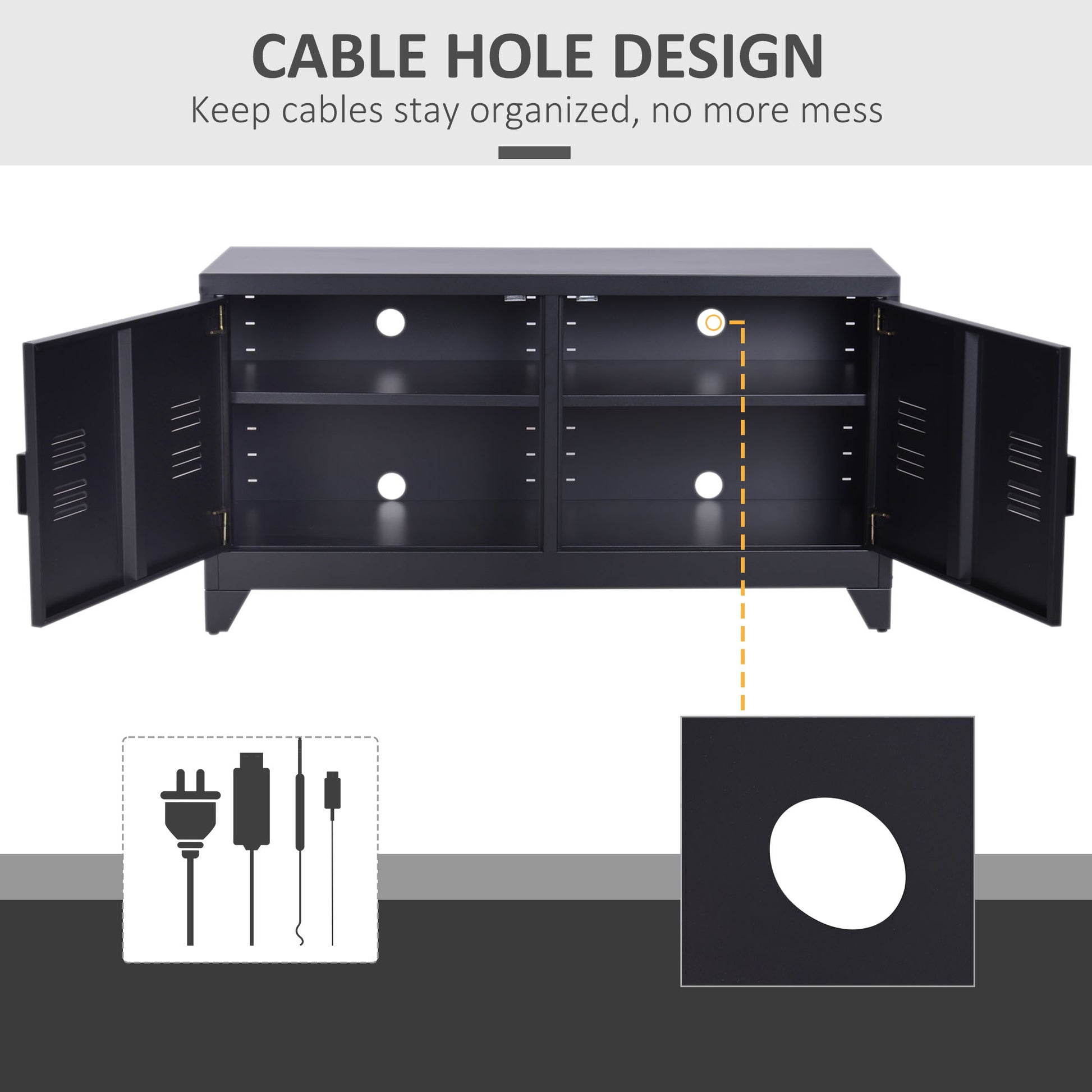 HOMCOM Industrial TV Cabinet Stand Media Center Steel Shelf Doors Storage System DVD Recorder Receiver Unit - Black
