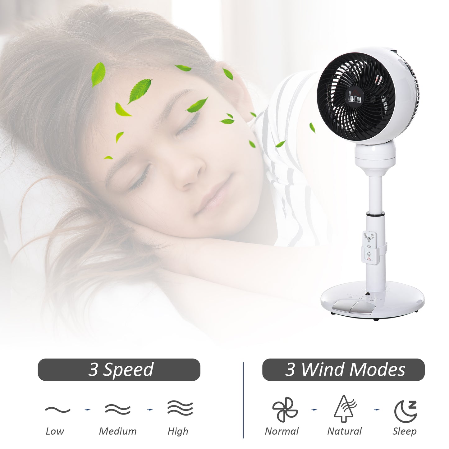 HOMCOM 28'' Air Circulator Fan 3 Speed 3 Mode, 70° Oscillation 90° Vertical Tilt, Height Adjustable, Remote Controller for Living Room, Black & White