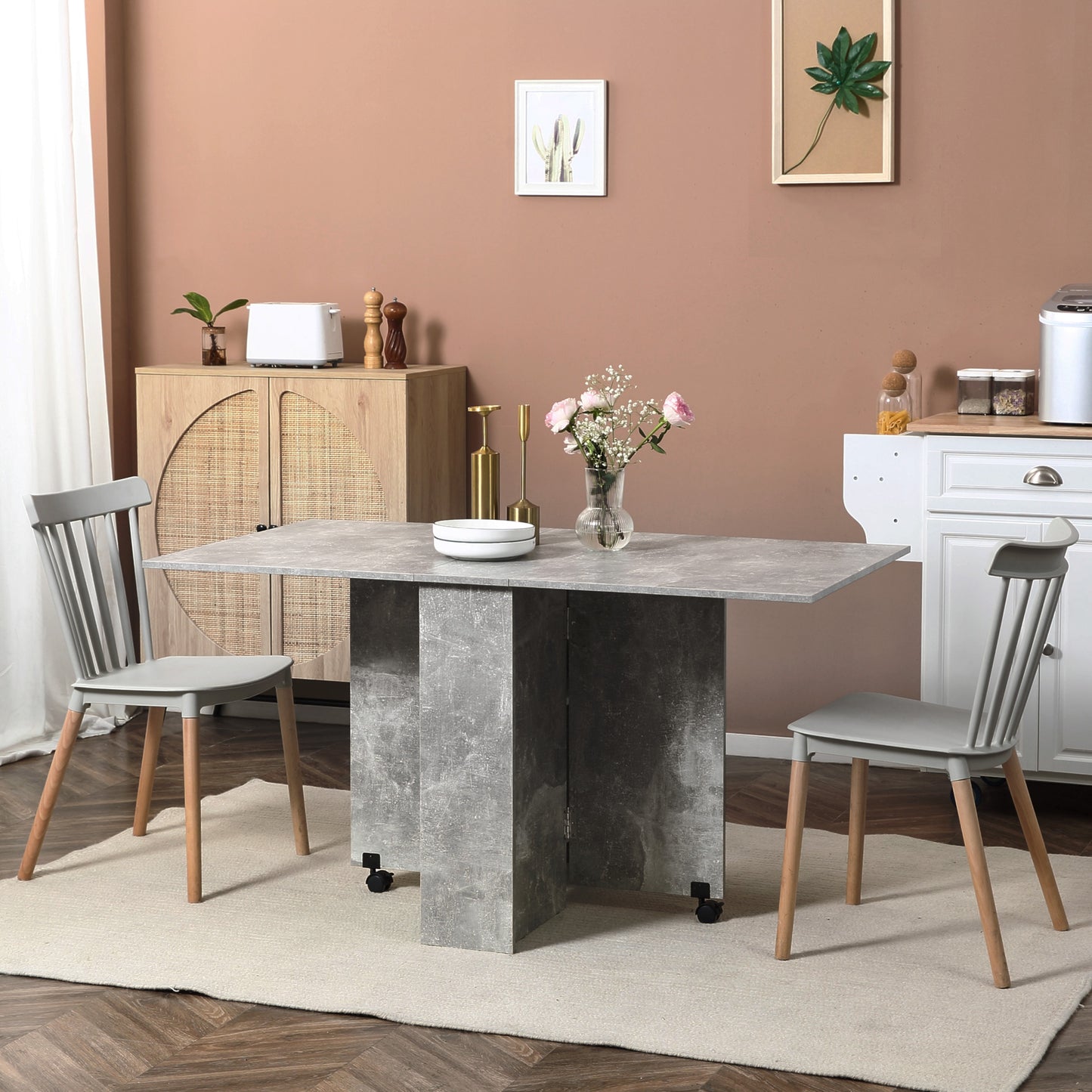 HOMCOM Folding Dining Table, Drop Leaf Table for Small Spaces with 2-tier Shelves, Small Kitchen Table with Rolling Casters, Cement Grey