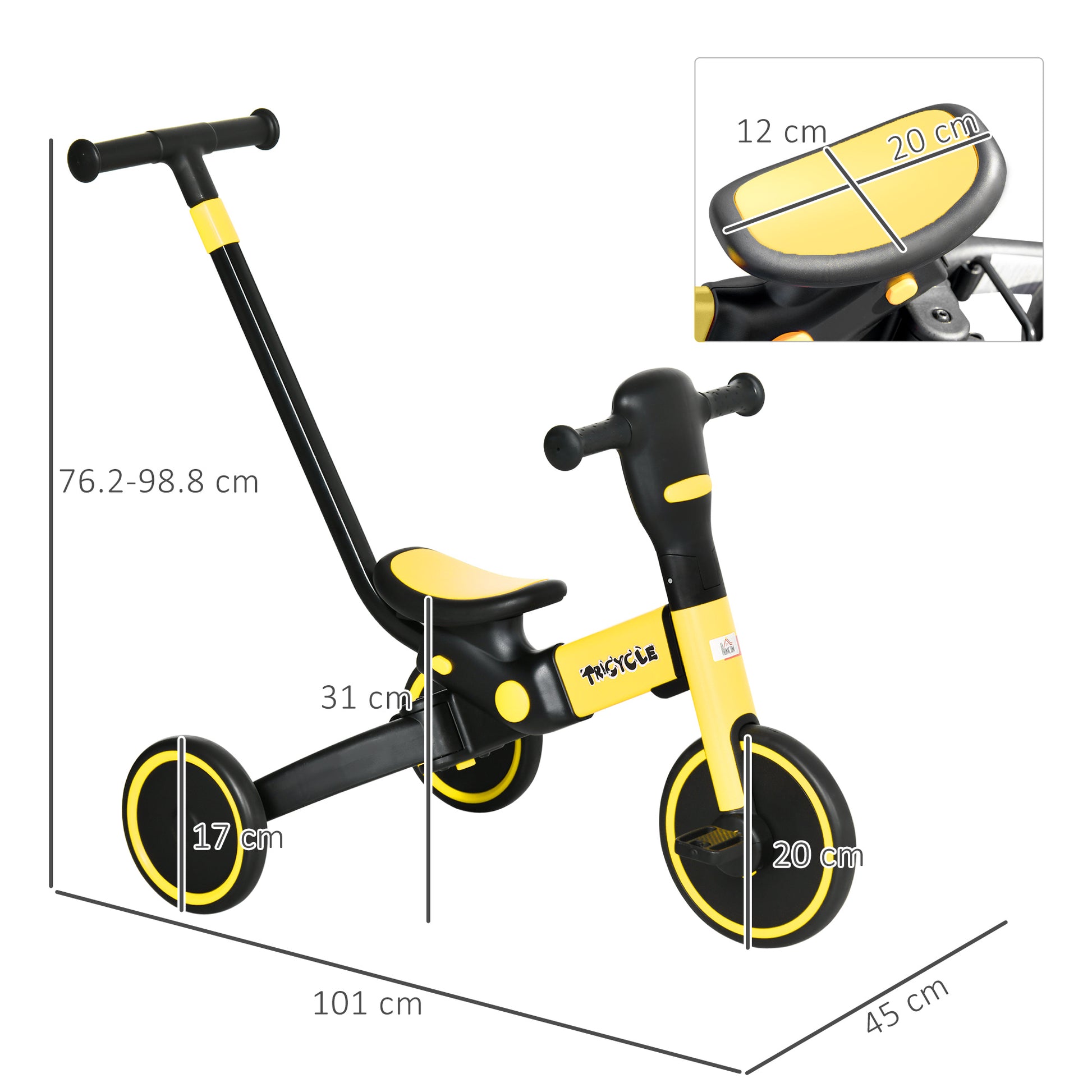HOMCOM 4-in-1 Tricycle for Kids, Baby Trike with Adjustable Push Handle, Detachable Foot Rest for 18-60 Months, Yellow