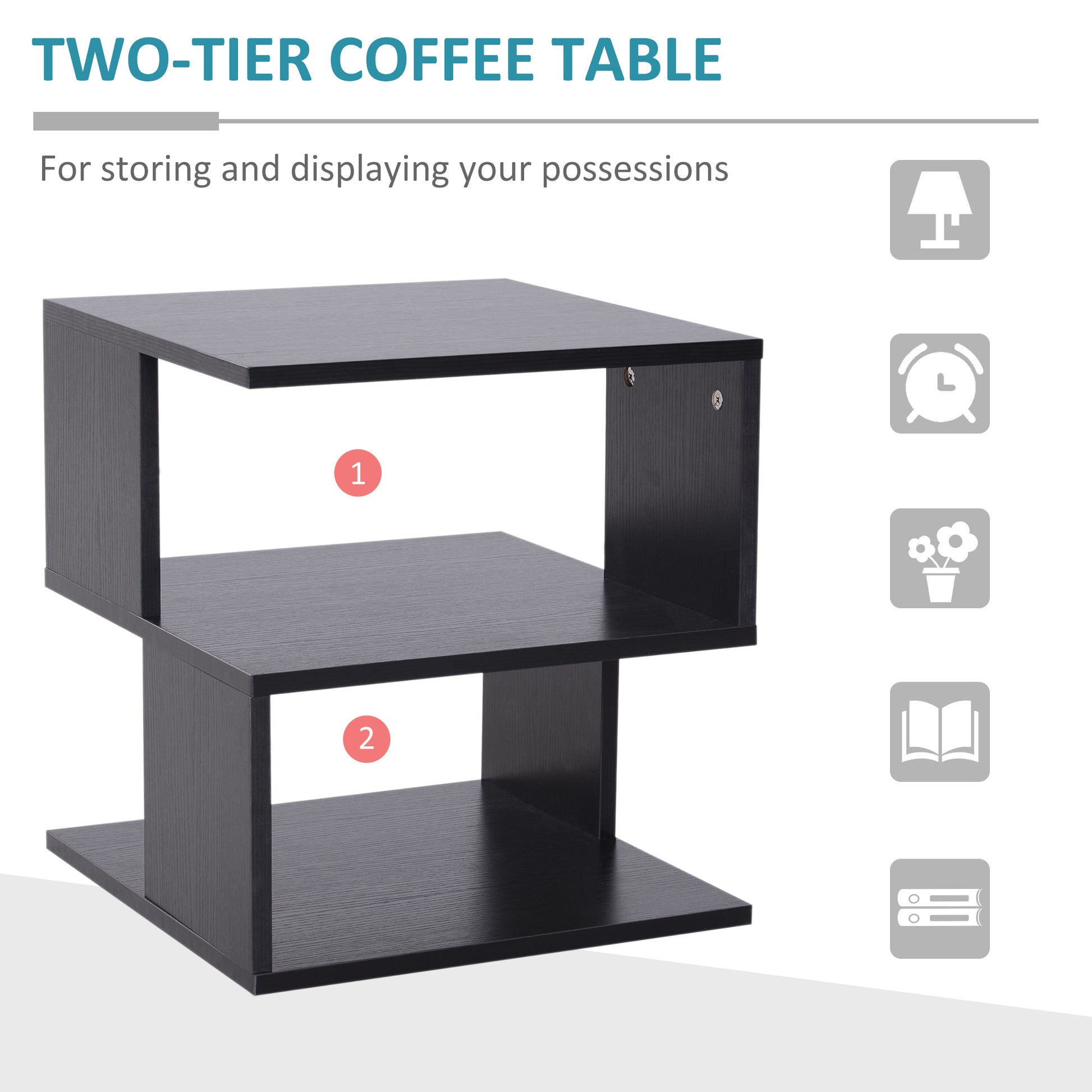 HOMCOM Modern Square 2 Tier Wood Coffee Side Table Storage Shelf Rack Living Room Black