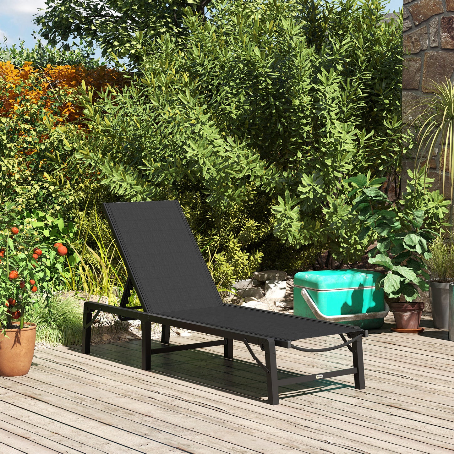 Outsunny Folding Sun Lounger, 5-Position Adjustable Garden Chaise Lounge Sunbed, Steel Frame Reclining Chair for Beach, Porch, Patio, Camping, Black