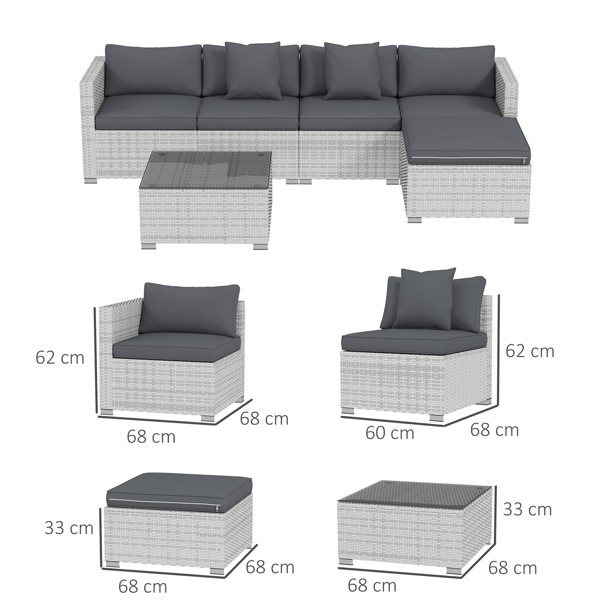 Outsunny 6 Pieces Rattan Corner Sofa Set - Mixed Grey