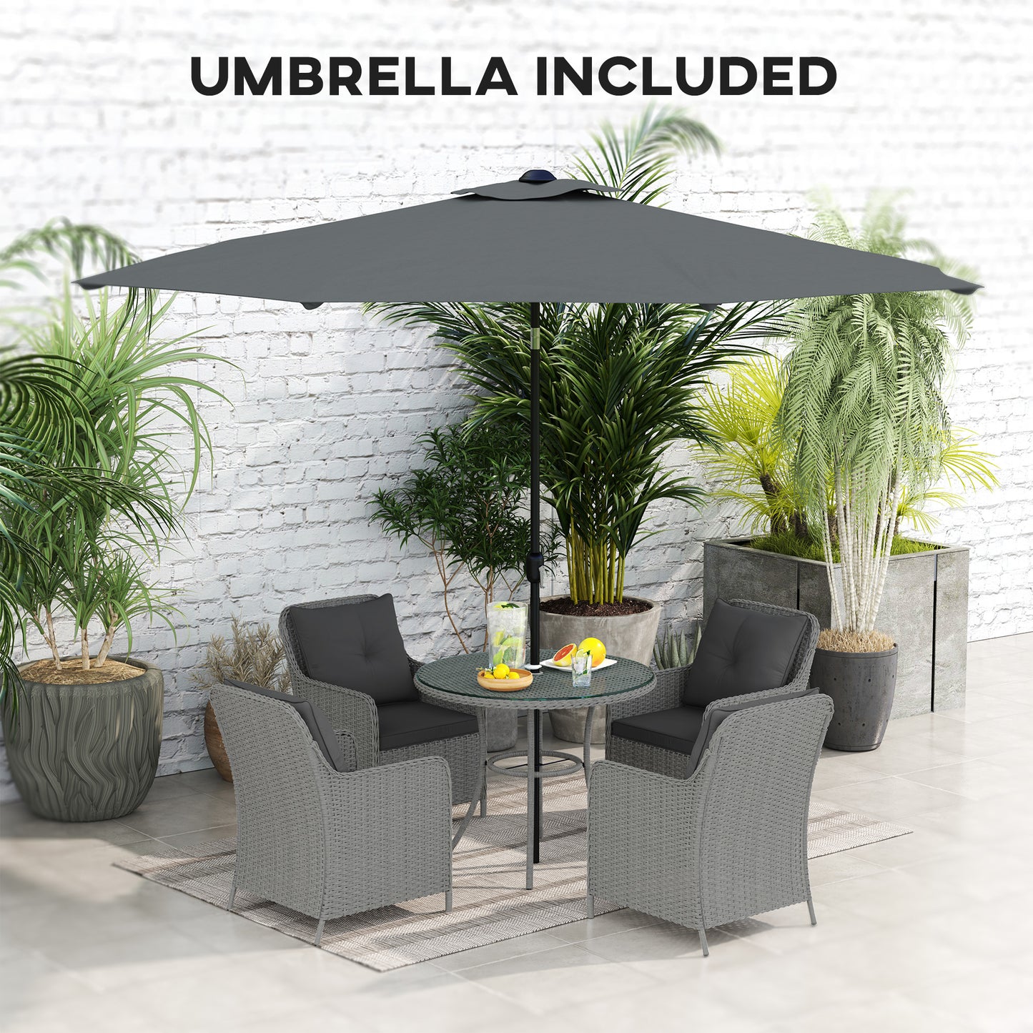 Outsunny 4 Seater Rattan Dining Set with Parasol & Cushions - Light Grey